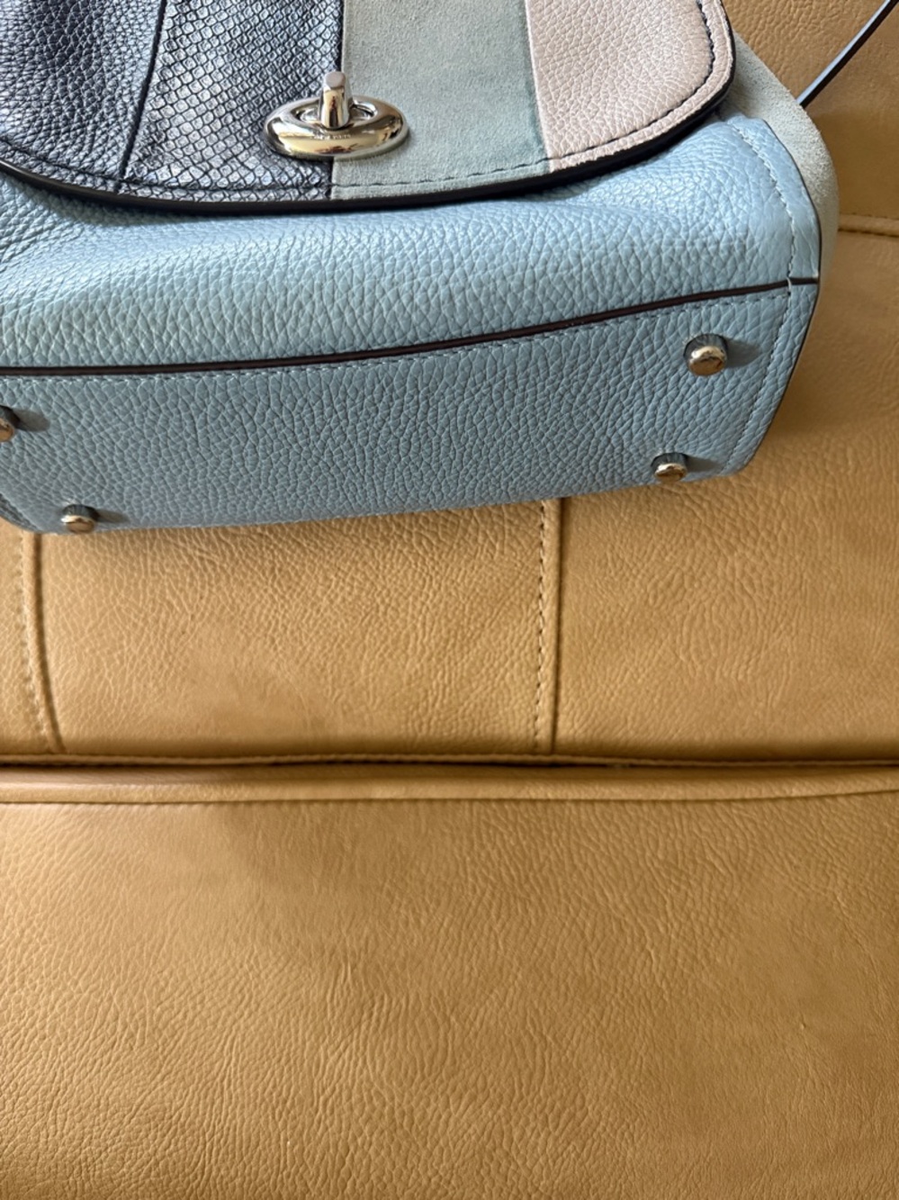 Coach Faye crossbody blue suede, snake python, embossed leather turn lock - Picture 6 of 14